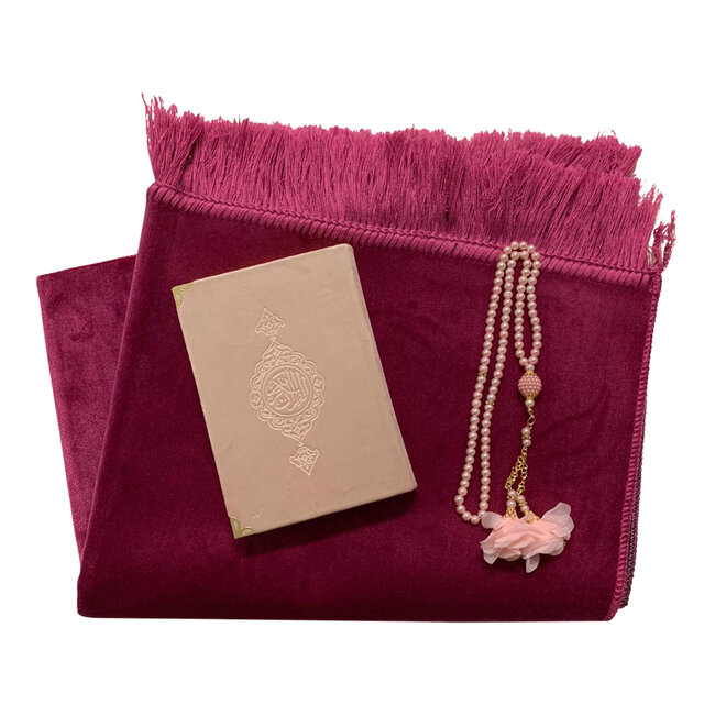 Mirac Geschenkset Donker Roze met Velure Gebedskleed, Parel bloem Tasbih en Velvet Koran