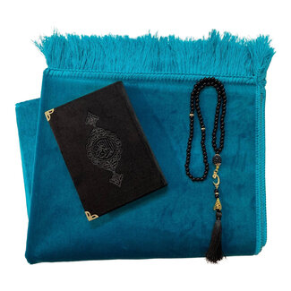 Mirac Geschenkset Turquoise met Velure Gebedskleed, Parel Tasbih en Velvet Koran