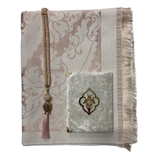Mirac Gift set White/Salmon with Prayer mat Mira, CristalTasbih and Mushaf Yasin book