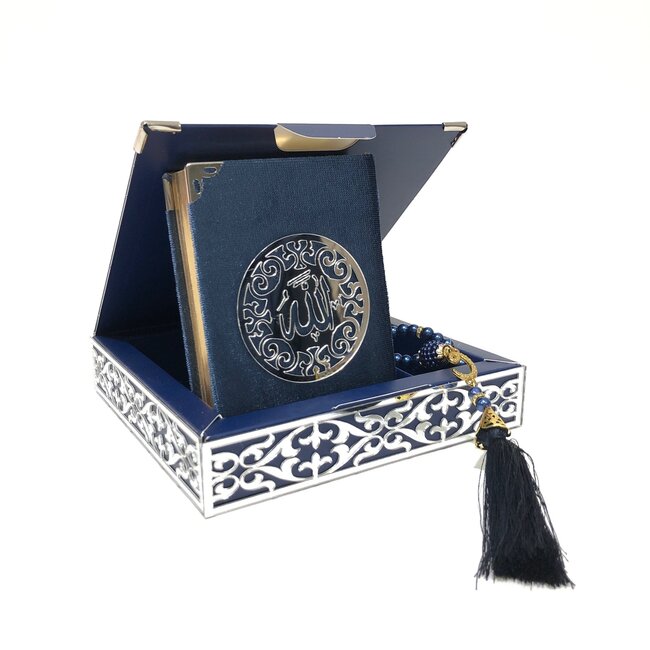 Mirac Karton Luxe box  met Koran en tesbih Donker Blauw - Zilver