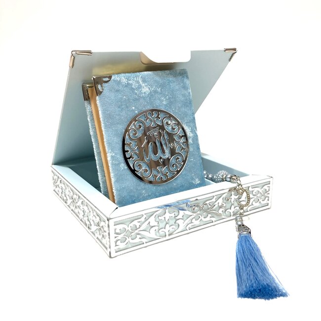 Mirac Karton Luxe box   met Koran en tesbih Licht Blauw / Zilver