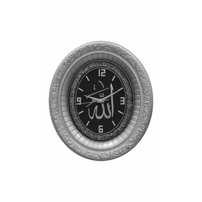 Gunes Clock Allah with Ayet el Kursi Oval Black /  Silver