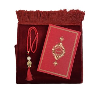 Mirac Geschenkset Rood met Velure Gebedskleed, Kristal tasbih en Lederen Koran