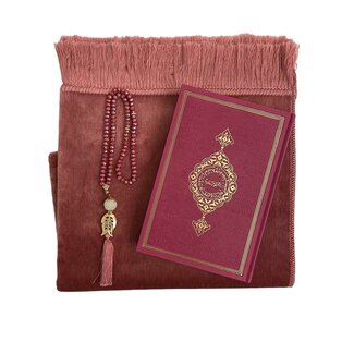 Mirac Geschenkset Fuchsia met Velure Gebedskleed, Kristal tasbih en Lederen Koran