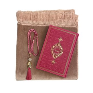 Mirac Geschenkset Roze met Velure Gebedskleed, Kristal tasbih en Lederen Koran