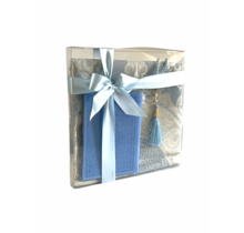 Geschenkset Tafta blauw met een Gebedskleed, lederen Mushaf/Yasin boek en een parel tasbih