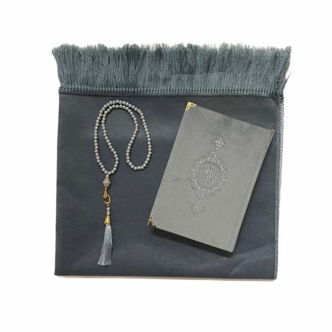Mirac Gift set grey with a prayer rug, pearl tasbih and a velvet Koran