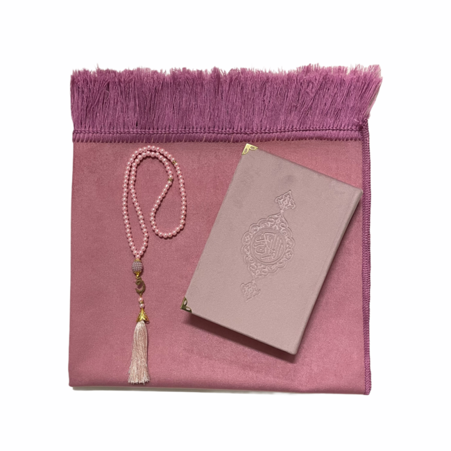 Mirac Gift set pink with a prayer rug, pearl tasbih and a velvet Koran