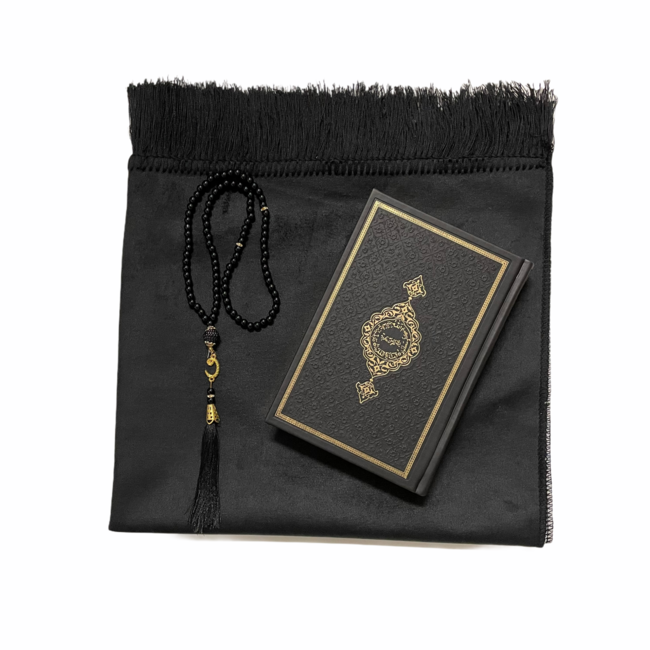 Mirac Geschenkset zwart met een gebedskleed, parel tasbih en een lederen Koran