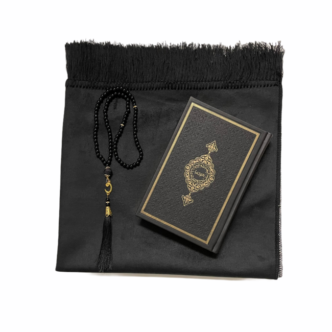 Mirac Gift set black with a prayer rug, pearl tasbih and a leather Koran