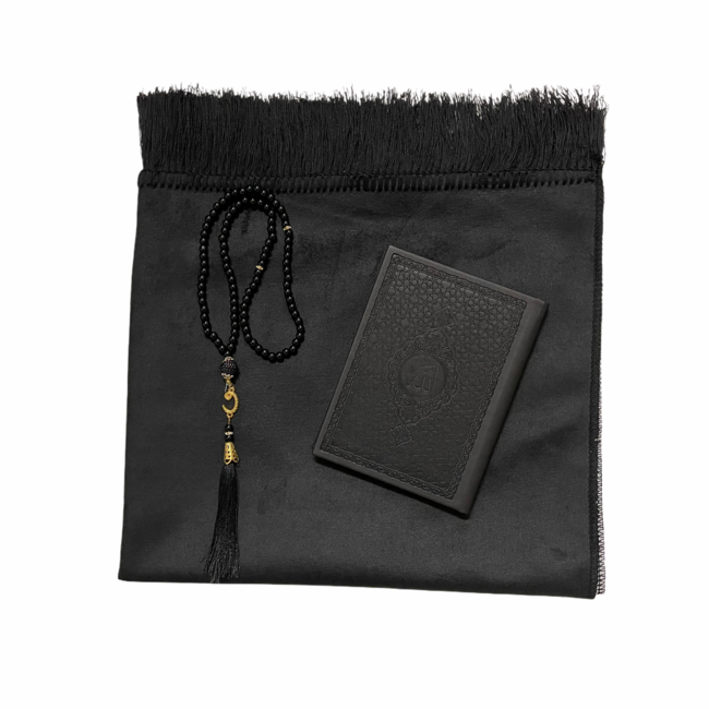 Mirac Gift set black with a prayer rug, pearl tasbih and a leather Mushaf / Yasin du'a book