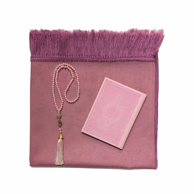 Mirac Gift set pink with a prayer rug, pearl tasbih and a leather Mushaf / Yasin du'a book