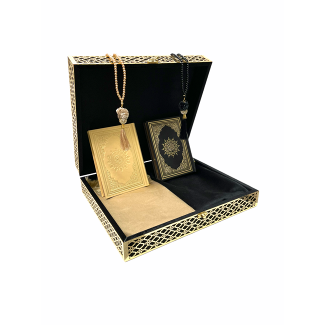 Mirac Limited edition couple box with two Korans, prayer rugs and tasbihs black / gold
