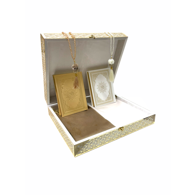 Mirac Limited edition koppel box met twee Korans, gebedskleden en tasbihs wit / goud