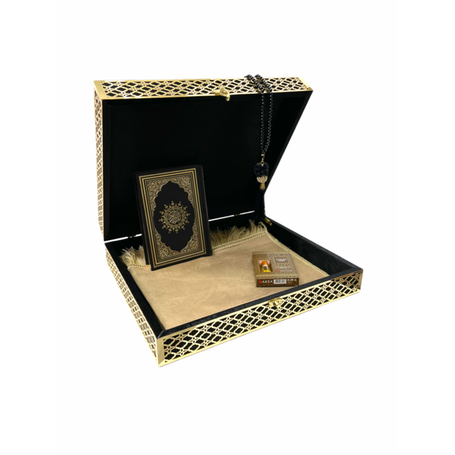 Mirac Limited edition Quran box with a Quran, prayer rug, esans and a tasbih black / gold