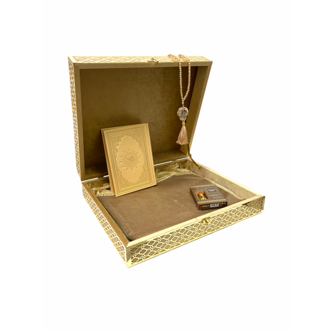 Mirac Limited edition Quran box with a Quran, prayer rug, esans and a tasbih gold