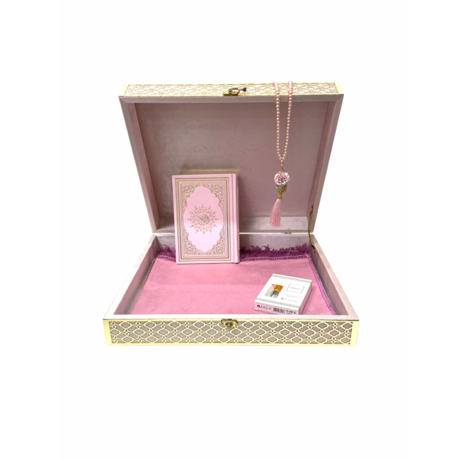 Mirac Limited edition Koran box met een Koran, gebedskleed, esans en een tasbih roze