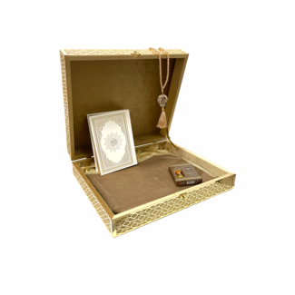 Mirac Limited edition Koran box met een Koran, gebedskleed, esans en een tasbih goud / wit