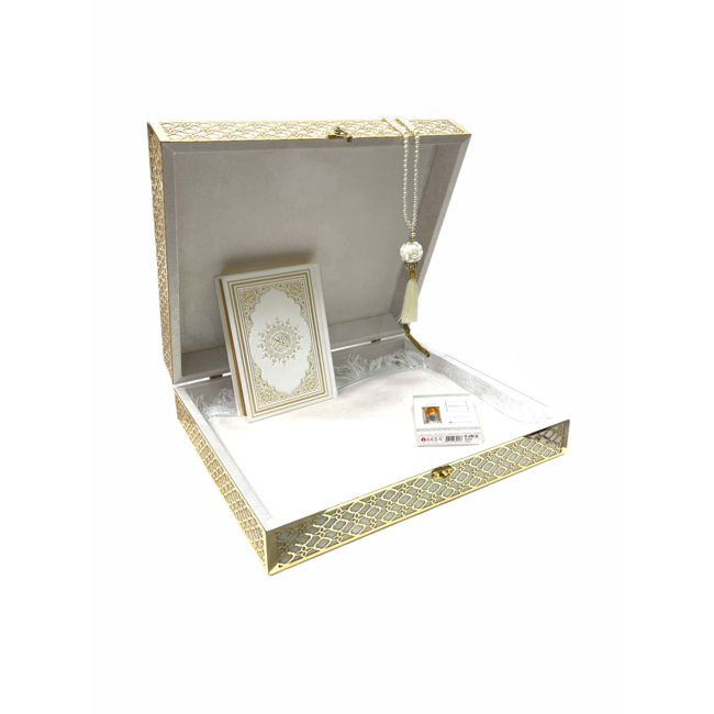 Mirac Limited edition Quran box with a Quran, prayer rug, esans and a tasbih white