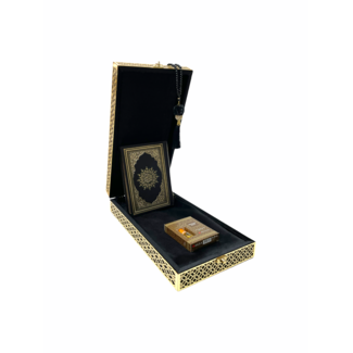 Mirac Luxury Quran box with a Quran, prayer rug, esans and a tasbih black / gold