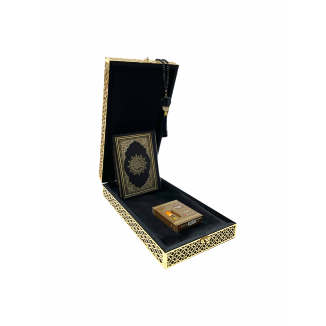 Mirac Luxe Koran box met een Koran, gebedskleed, esans en een tasbih zwart / goud
