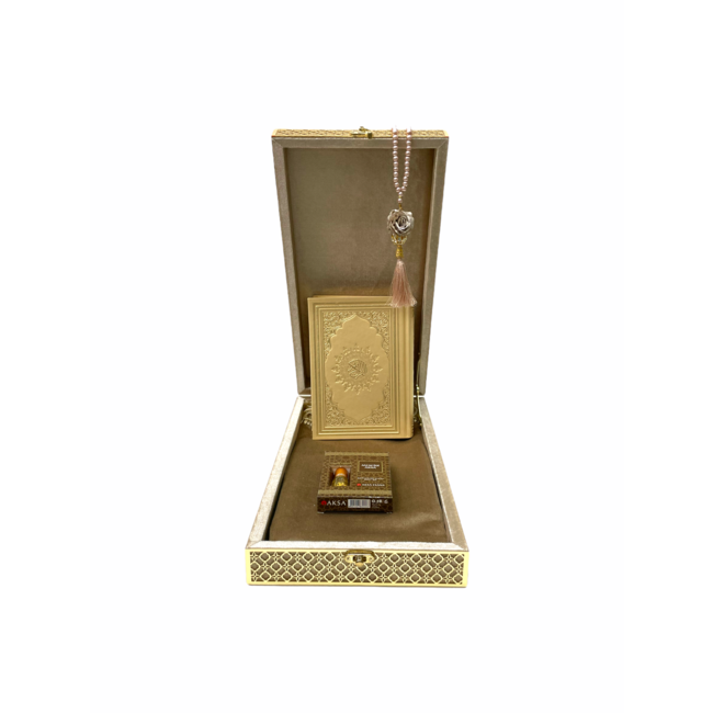 Mirac Luxury Quran box with a Quran, prayer rug, esans and a tasbih taupe