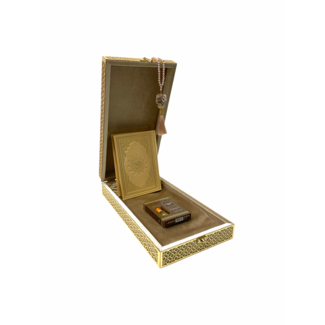 Mirac Luxury Quran box with a Quran, prayer rug, esans and a tasbih taupe