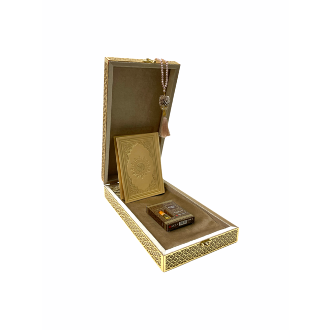 Mirac Luxury Quran box with a Quran, prayer rug, esans and a tasbih taupe