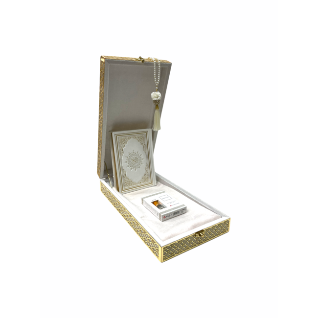 Mirac Luxury Quran box with a Quran, prayer rug, esans and a tasbih white