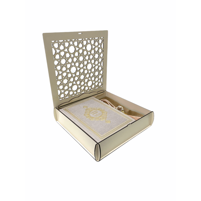 Mirac Mirac houten Koran box met een Nederlands vertaalde Koran, gebedskleed en een tasbih creme / taupe