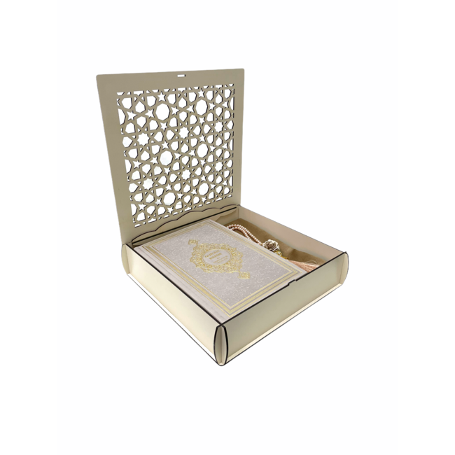 Mirac Mirac wooden Quran box with a Dutch translated Quran, prayer rug and a tasbih creme / taupe