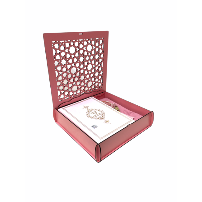 Mirac Mirac wooden Quran box with a Dutch translated Quran, prayer rug and a tasbih pink