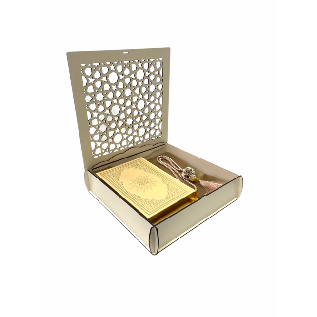 Mirac Mirac wooden Quran box with a Quran, prayer rug and a tasbih creme / gold