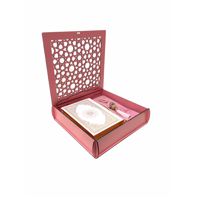 Mirac Mirac wooden Quran box with a Quran, prayer rug and a tasbih pink