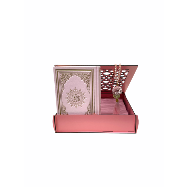 Mirac Mirac wooden Quran box with a Quran, prayer rug and a tasbih pink