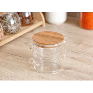 Arow Glass stock pans with a bamboo lid