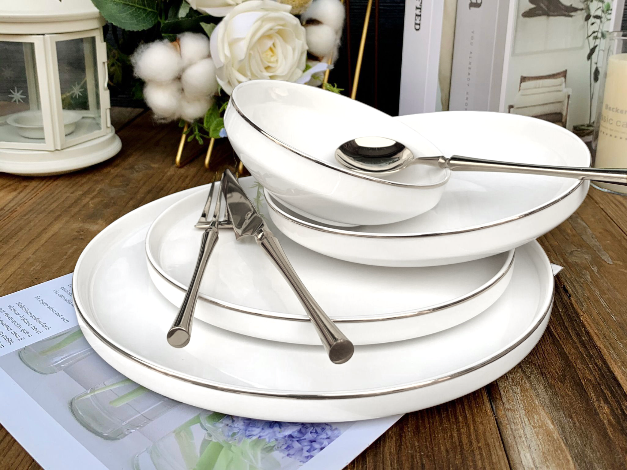 Dinnerset 6 persons, 25 pieces white with a silver edge - Miracshop.nl