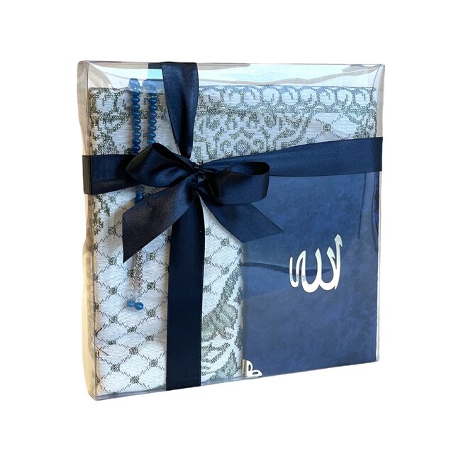 Mirac Geschenkset emirgan donker blauw met Gebedskleed, Tasbih en Mushaf / Dua boek