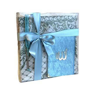 Mirac Geschenkset emirgan licht blauw met Gebedskleed, Tasbih en Mushaf / Dua boek