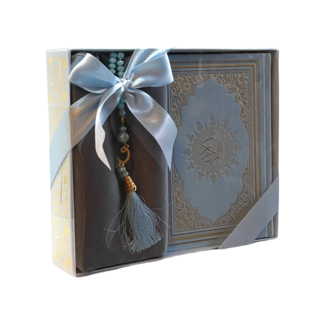 Mirac Gift set Azra fluweel with a leather Koran, prayer rug and tasbih blue