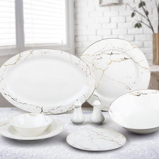 Mirac Dinnerset 6 persons, 28 pieces marble design white / silver - Copy
