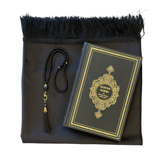 Mirac Gift set black with a Prayer Rug, pearl tasbih and Dutch translated Koran Kerim