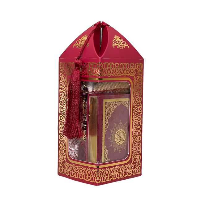 Mirac Gift set Bade with a prayer rug, Quran and a pearl tasbih Red