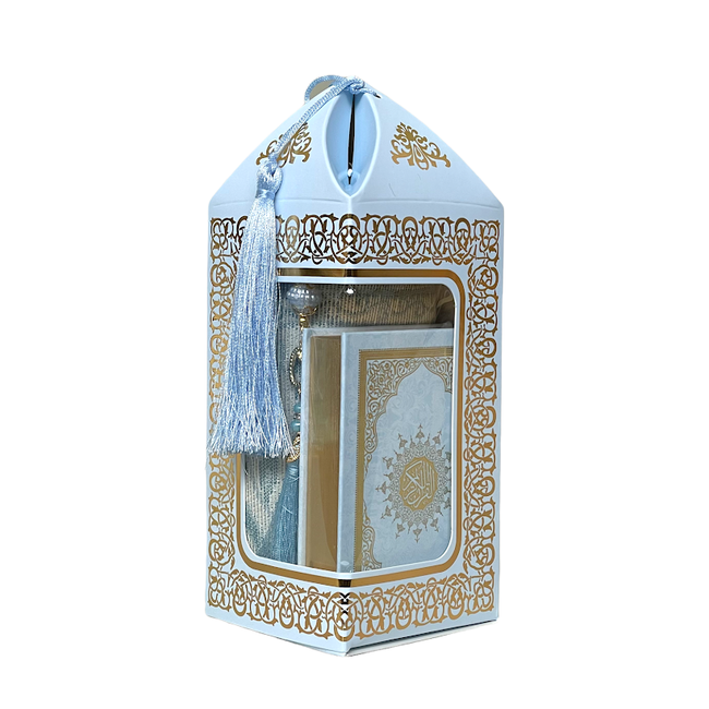 Mirac Gift set Bade with a prayer rug, Quran and a pearl tasbih Blue