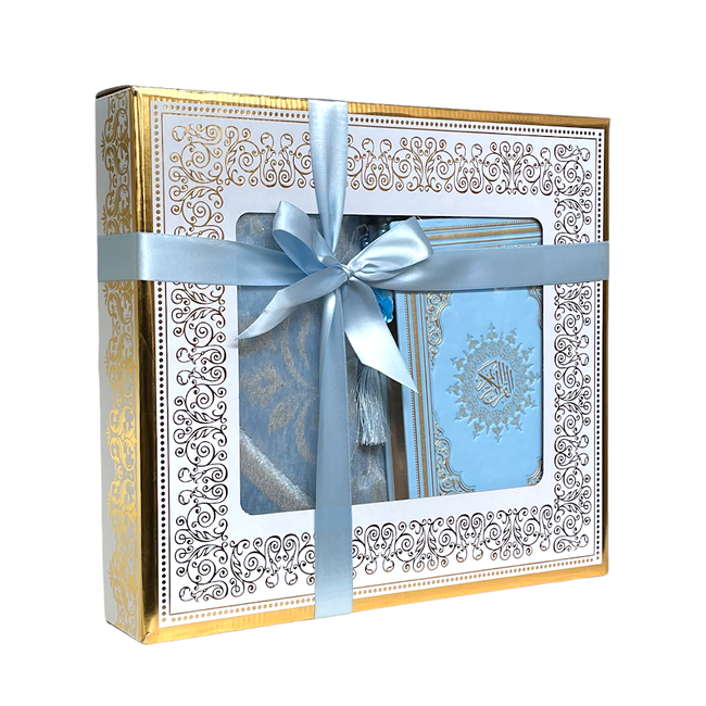 Mirac Gift set Mirac with a leather Koran, prayer rug and tasbih blue