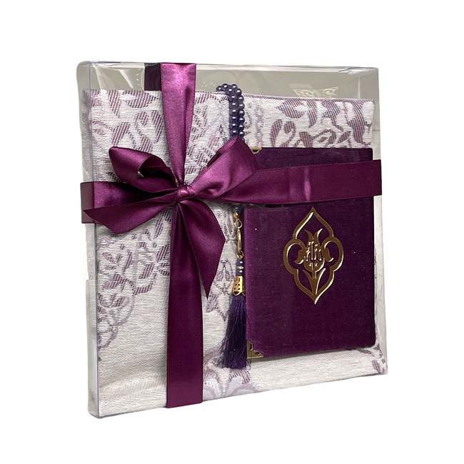 Mirac Gift set Tafta purple with a prayer rug, tasbih and a Mushaf/Dua book