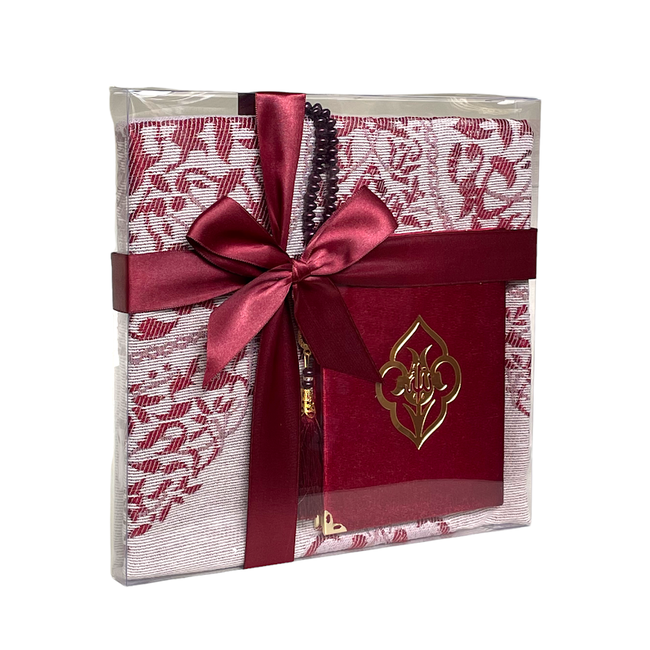 Mirac Gift set Tafta red with a prayer rug, tasbih and a Mushaf/Dua book