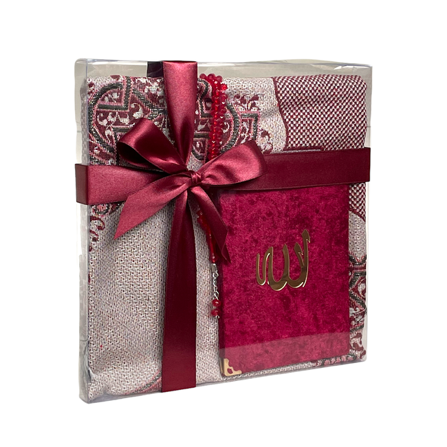 Mirac Geschenkset emirgan eko rood met een Gebedskleed, tasbih en een Mushaf/Dua boek