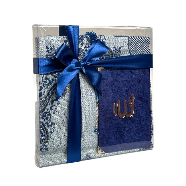 Mirac Geschenkset emirgan eko donker blauw met een Gebedskleed, tasbih en een Mushaf/Dua boek