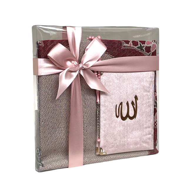 Mirac Geschenkset emirgan eko roze met een Gebedskleed, tasbih en een Mushaf/Dua boek